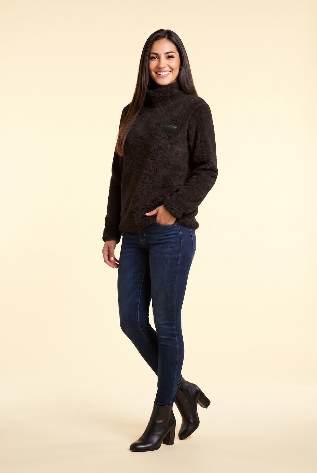 POPPIE Teddy Fleece Funnel Neck Jumper in black, front