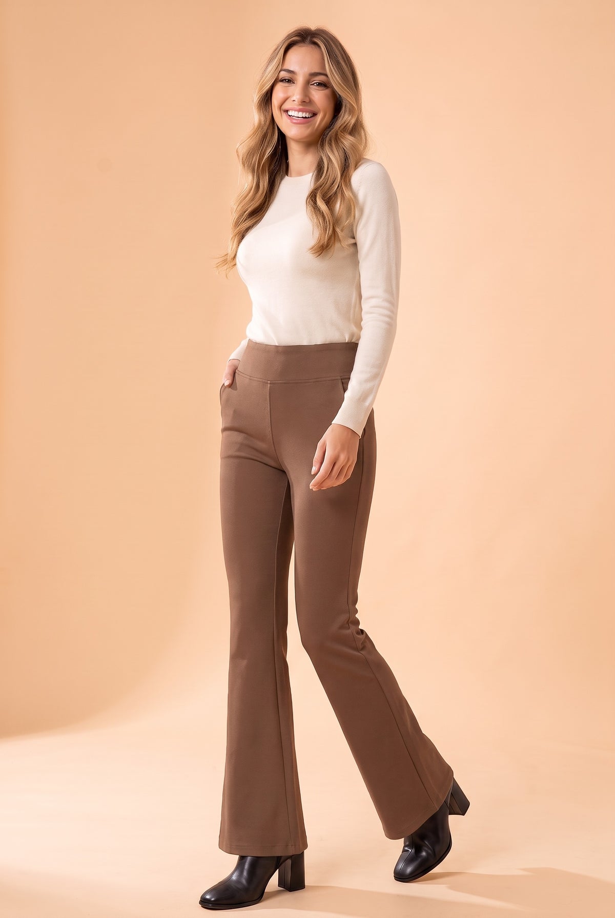 PRIYA Fleece Lined Flare Leggings in brown - height 165-178cm, front