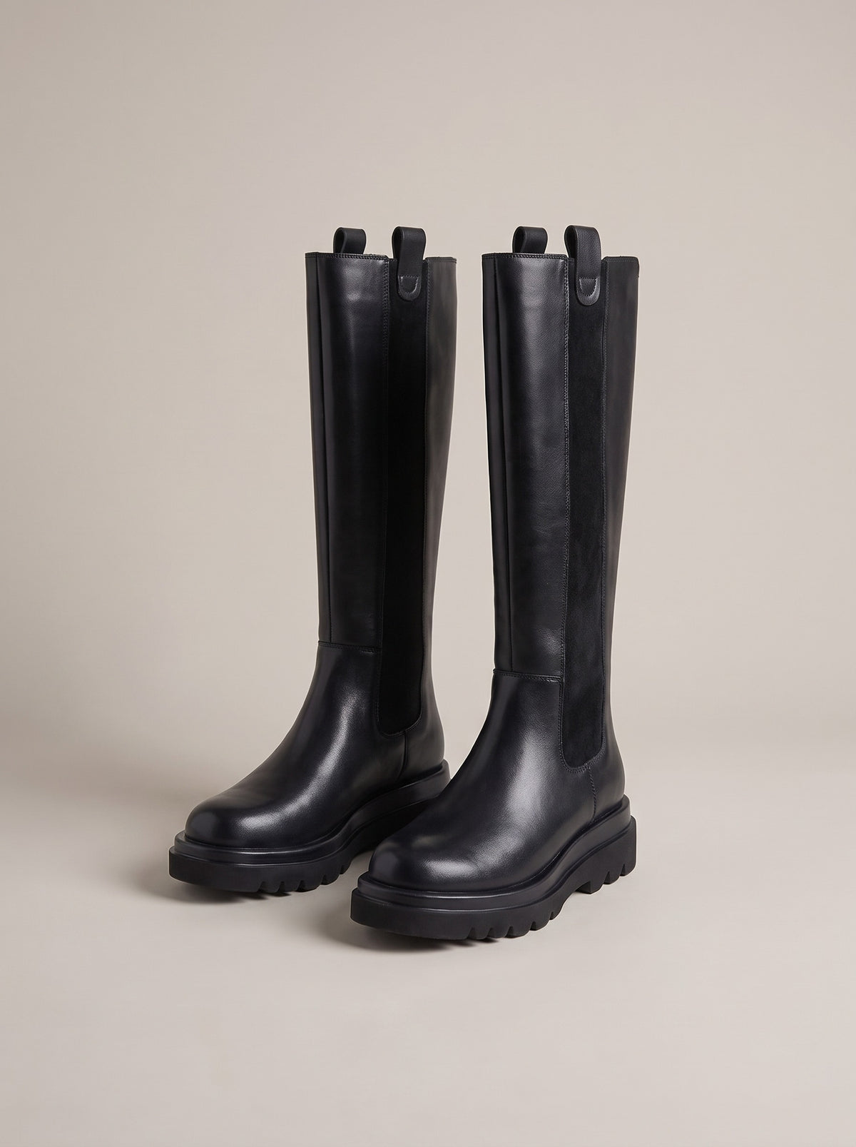 REAGAN Chunky Flat Knee High Boots in black fur lining, front