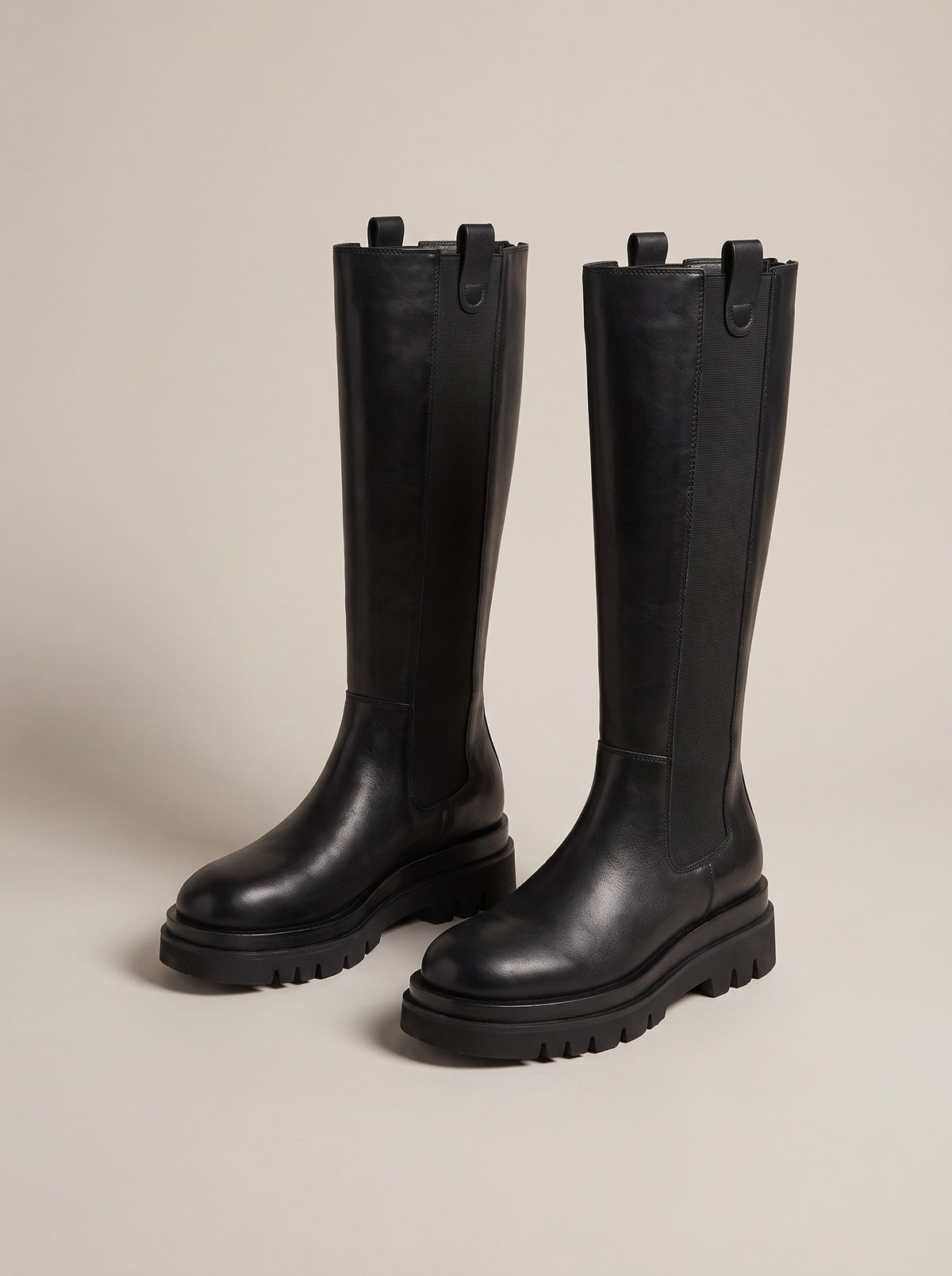 REAGAN Chunky Flat Knee High Boots in black, front