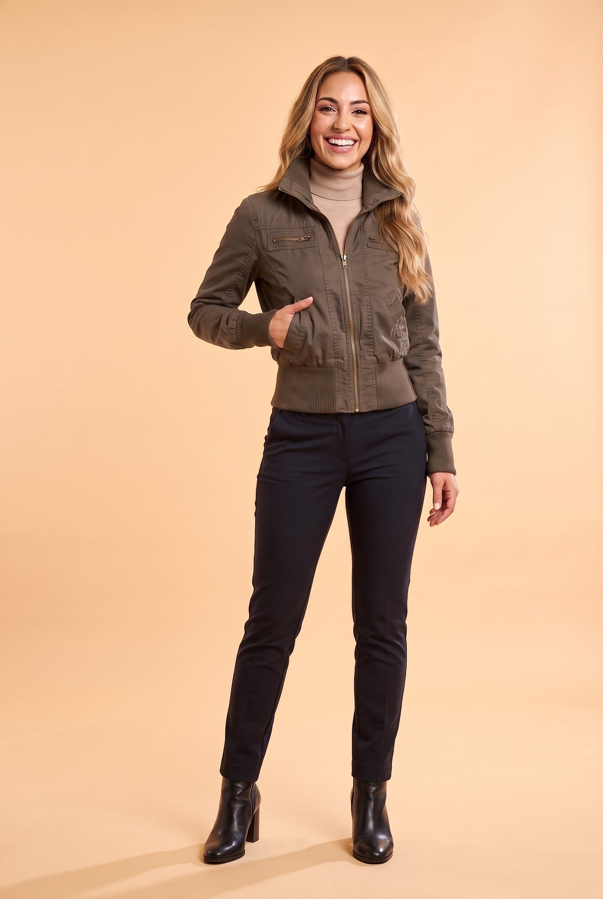 REESE Cropped Zip Utility Jacket in khaki brown, front