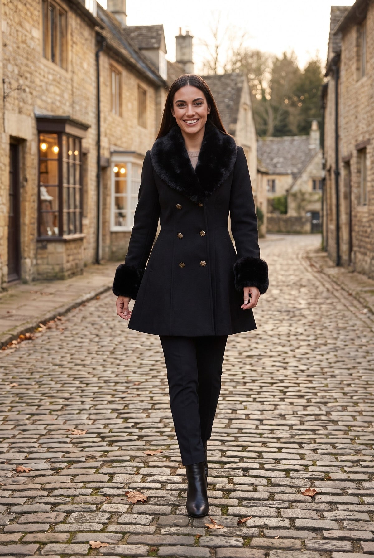 REMI Faux Fur Trim Fit and Flare Coat, lifestyle