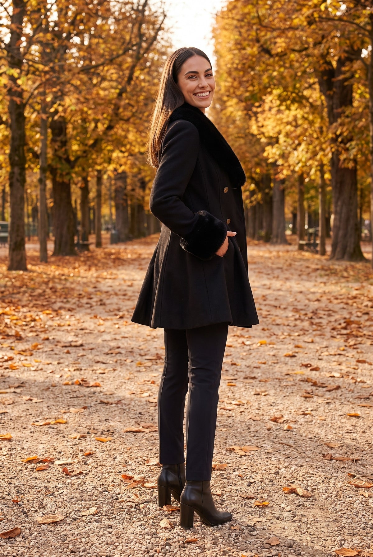 REMI Faux Fur Trim Fit and Flare Coat, lifestyle