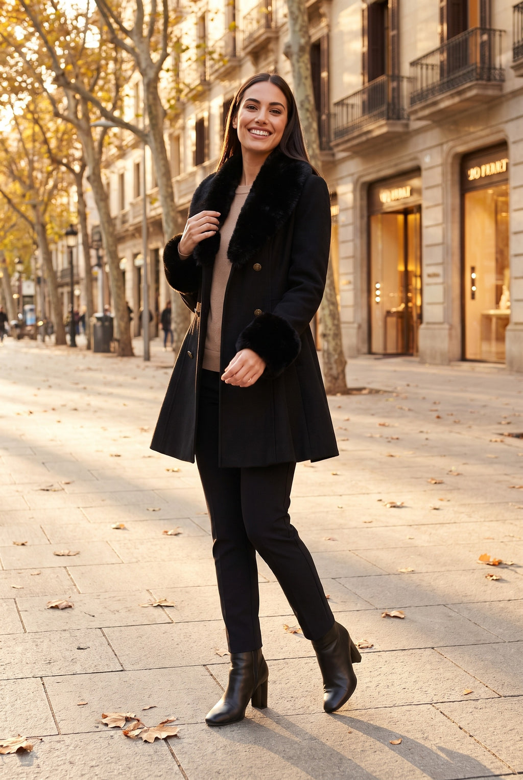 REMI Faux Fur Trim Fit and Flare Coat, lifestyle