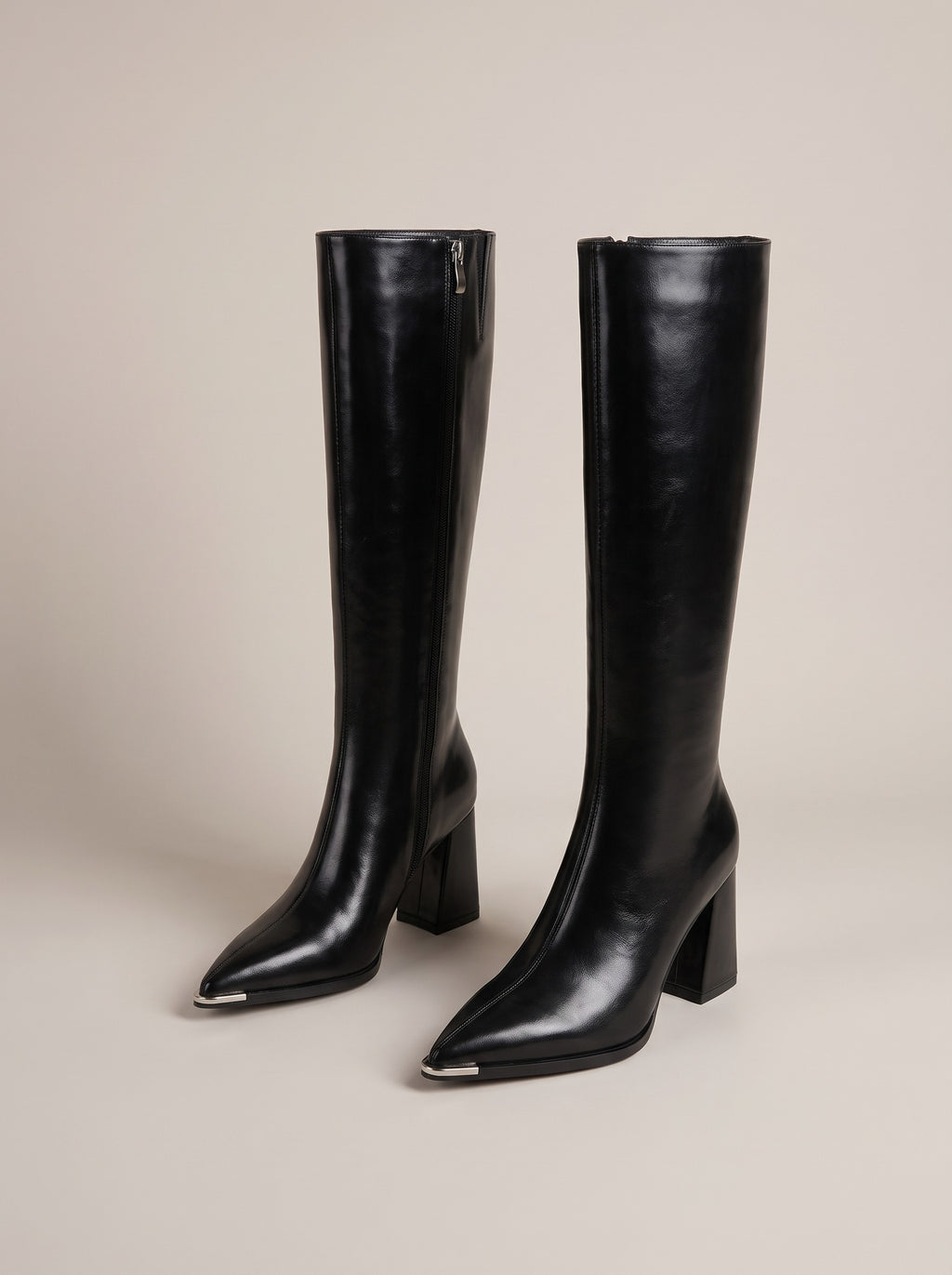 RILEY Pointed Toe Block Heel Knee High Boots in black, front