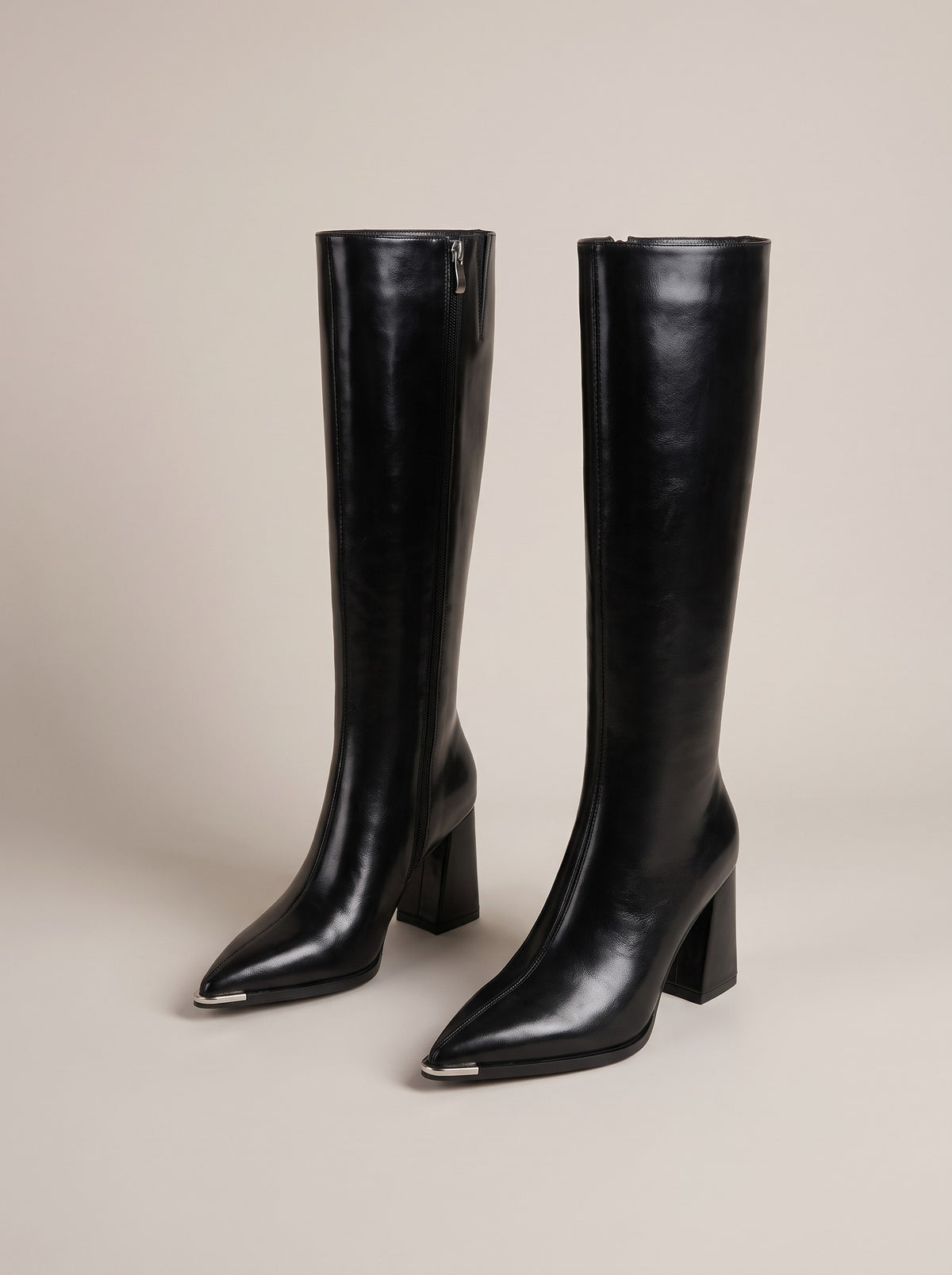 RILEY Pointed Toe Block Heel Knee High Boots in black, front