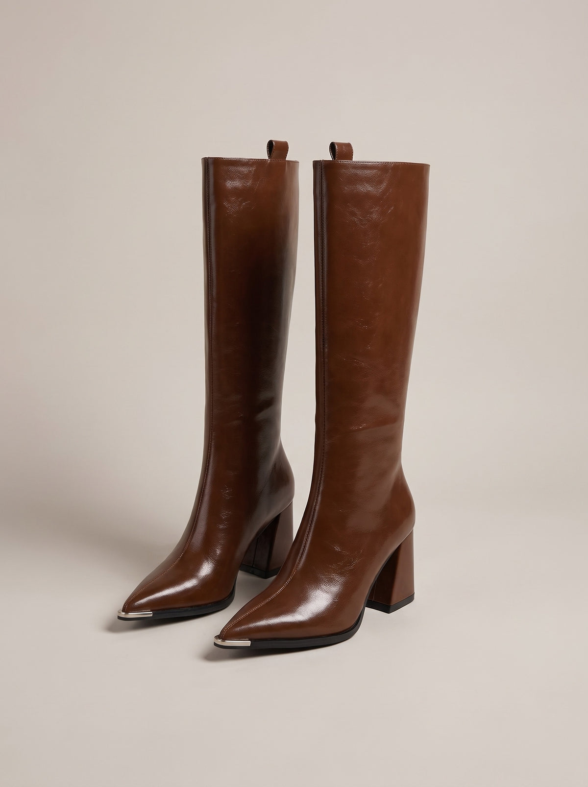 RILEY Pointed Toe Block Heel Knee High Boots in brown, front