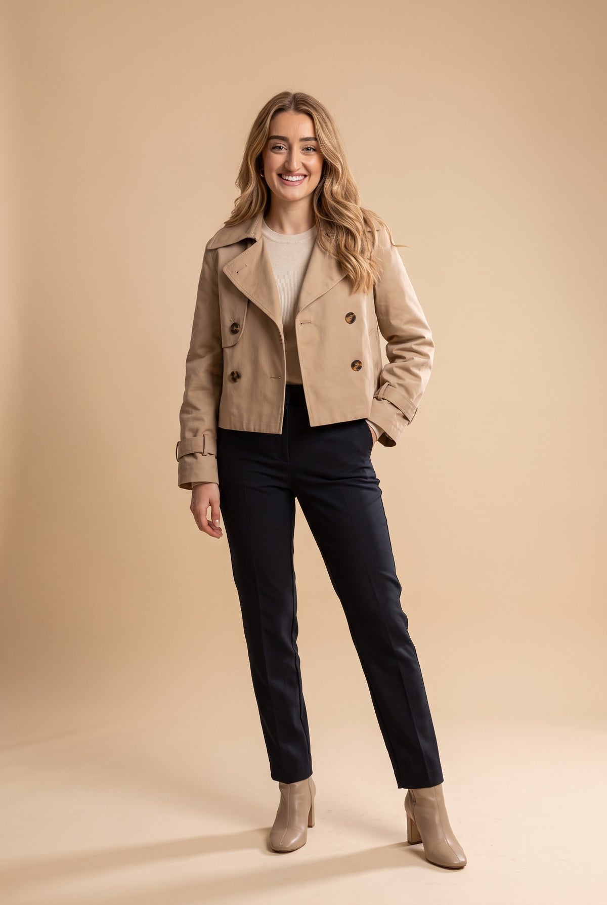 ROSALIND Cropped Double Breasted Trench Coat in khaki, front