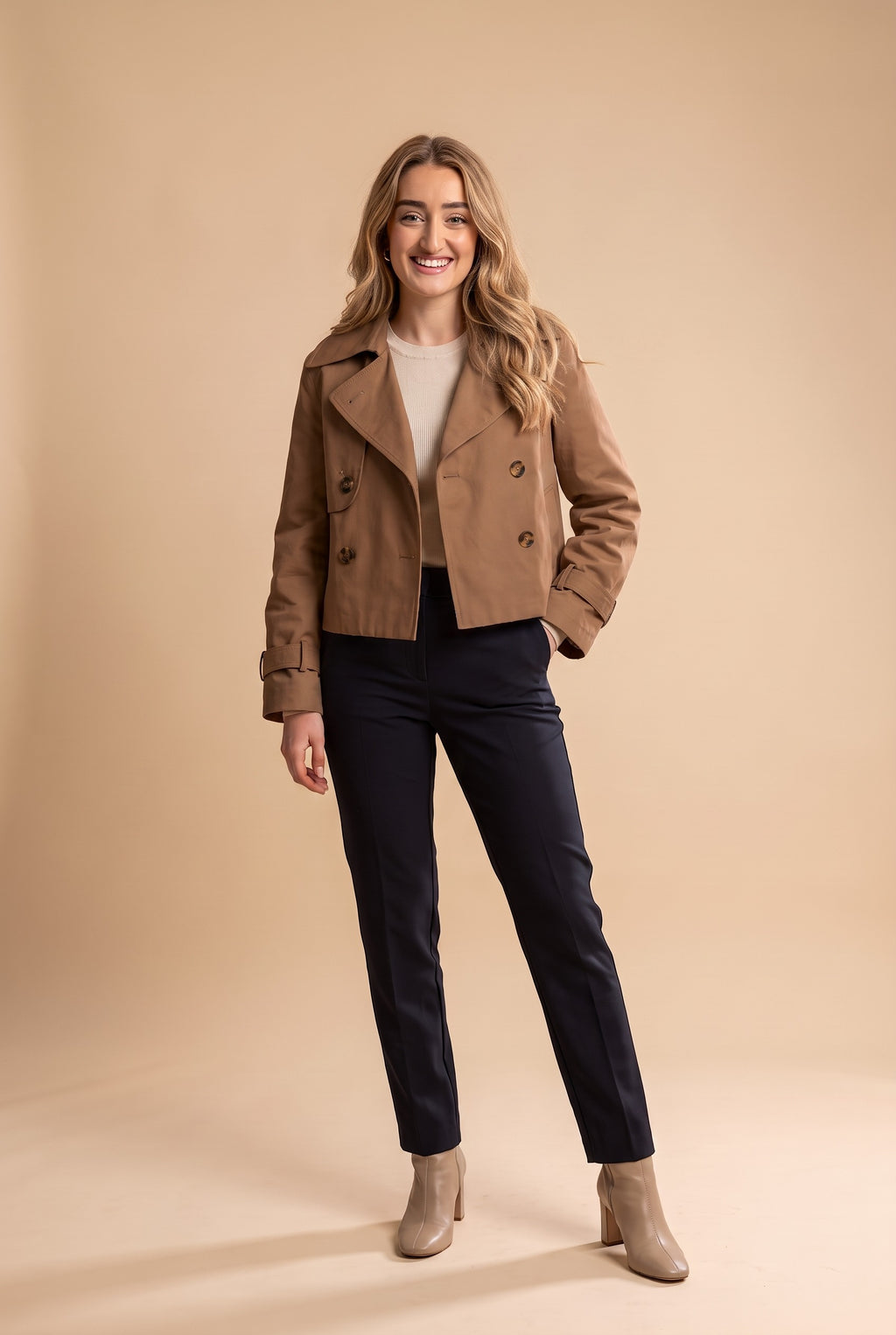ROSALIND Cropped Double Breasted Trench Coat in brown, front