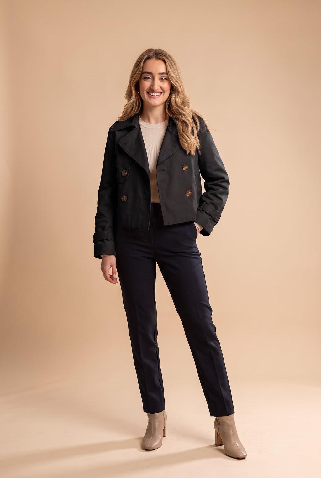 ROSALIND Cropped Double Breasted Trench Coat in black, front