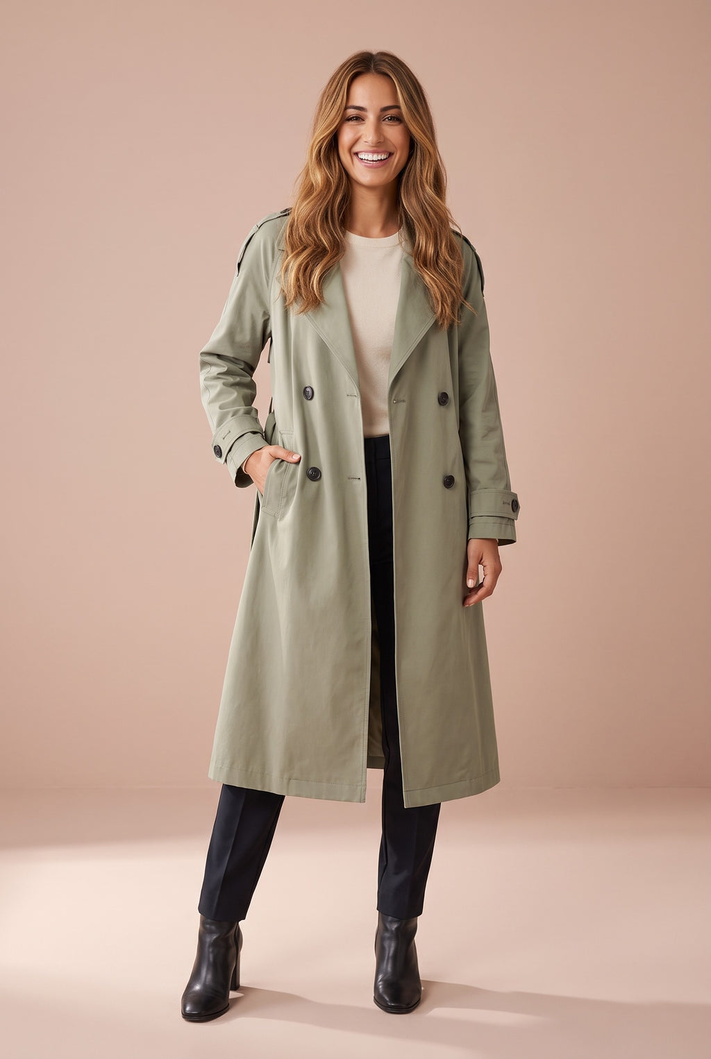 RYLEE Double Breasted Belted Trench Coat in green, front
