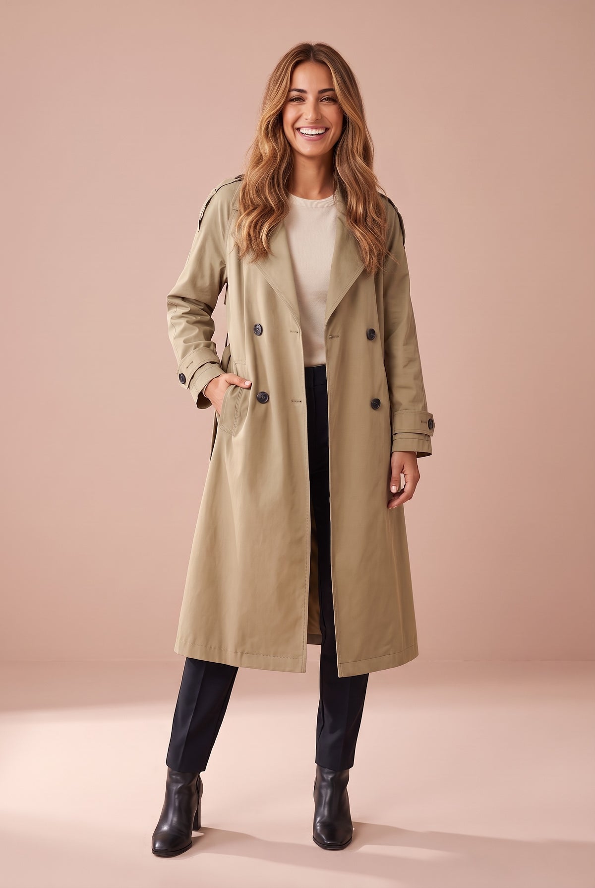 RYLEE Double Breasted Belted Trench Coat in khaki, front