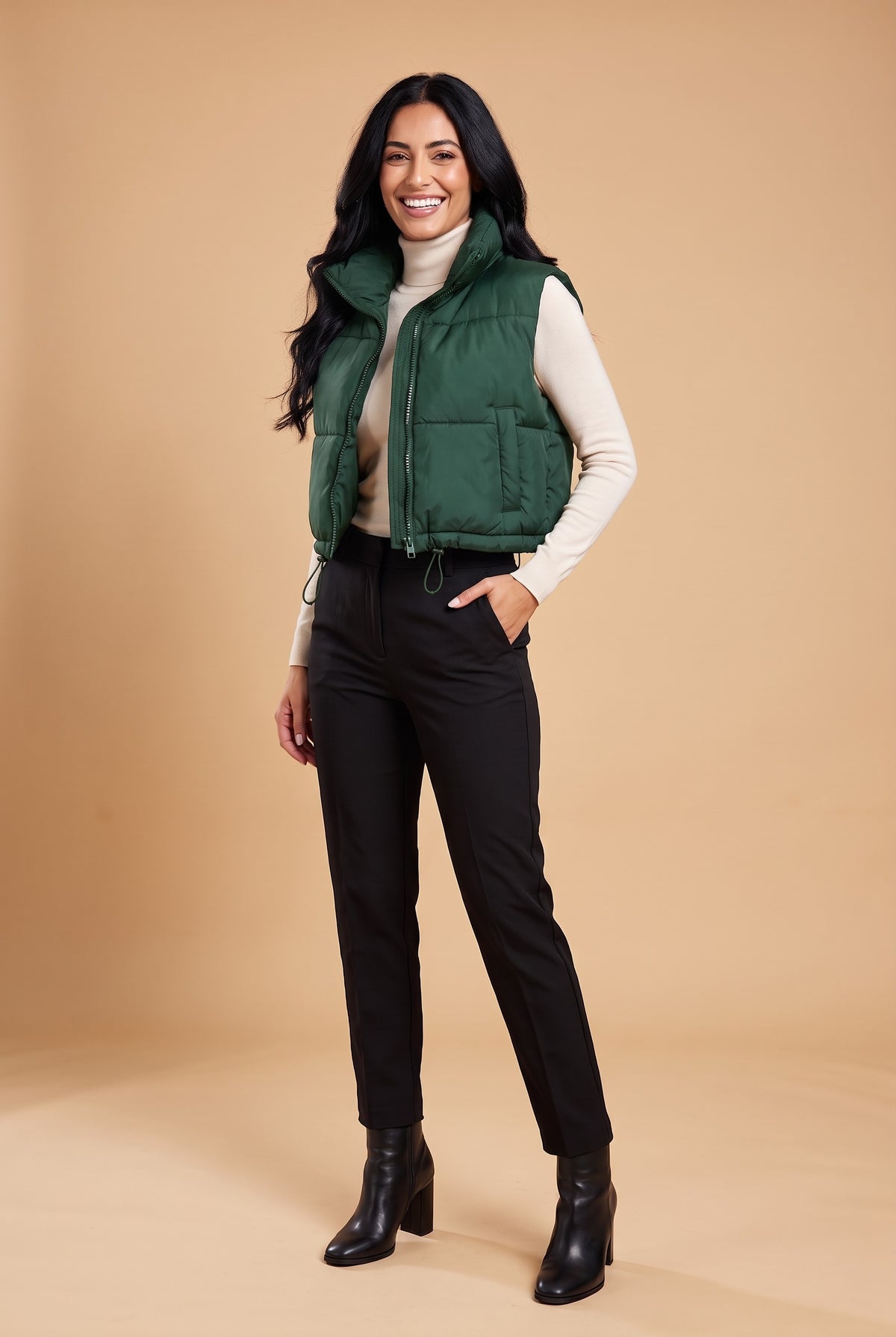 SAGE Cropped Puffer Gilet in green, front