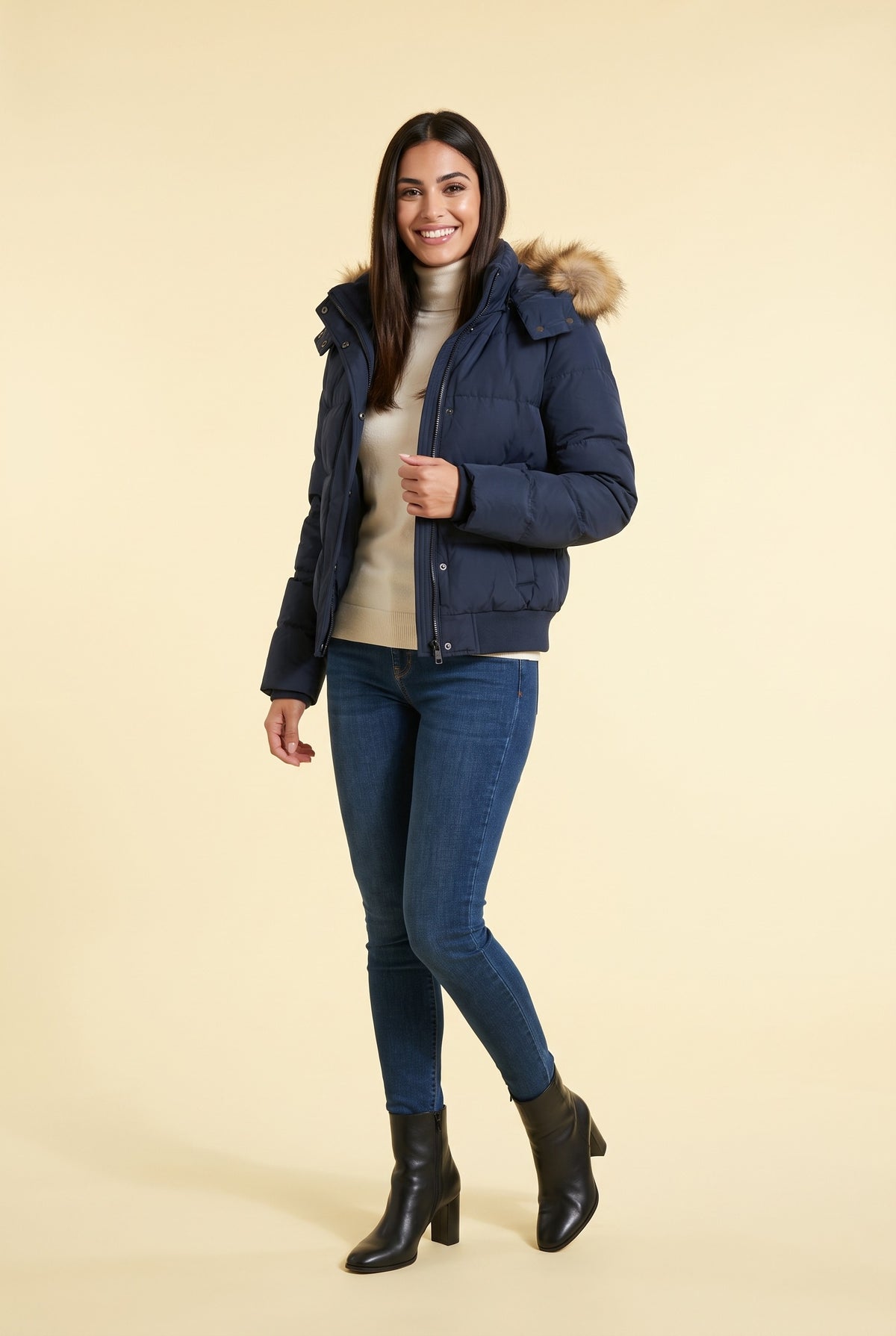 SAOIRSE Faux Fur Trim Hooded Bomber Puffer Jacket in navy, front