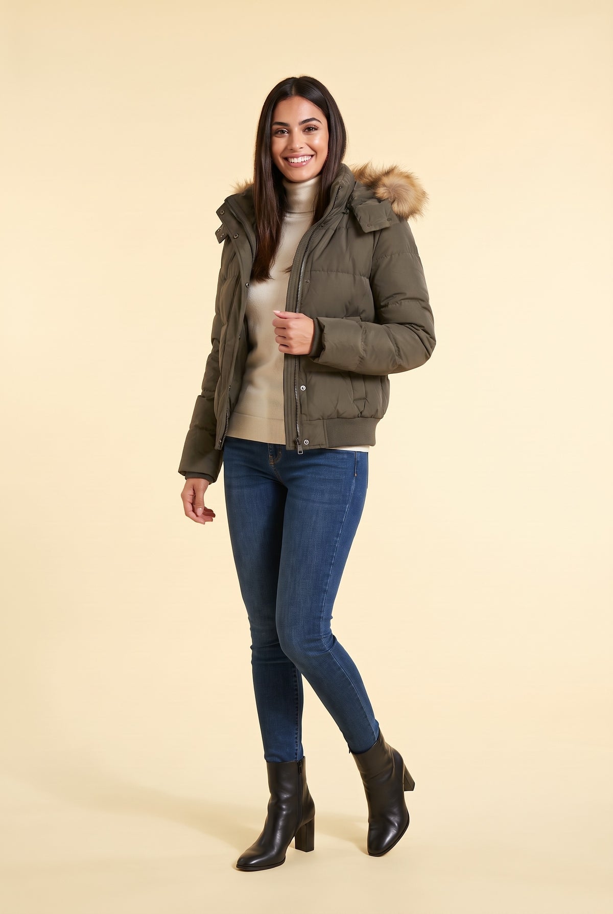 SAOIRSE Faux Fur Trim Hooded Bomber Puffer Jacket in khaki, front