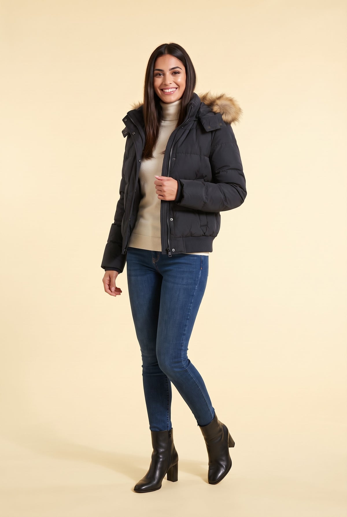 SAOIRSE Faux Fur Trim Hooded Bomber Puffer Jacket in black, front