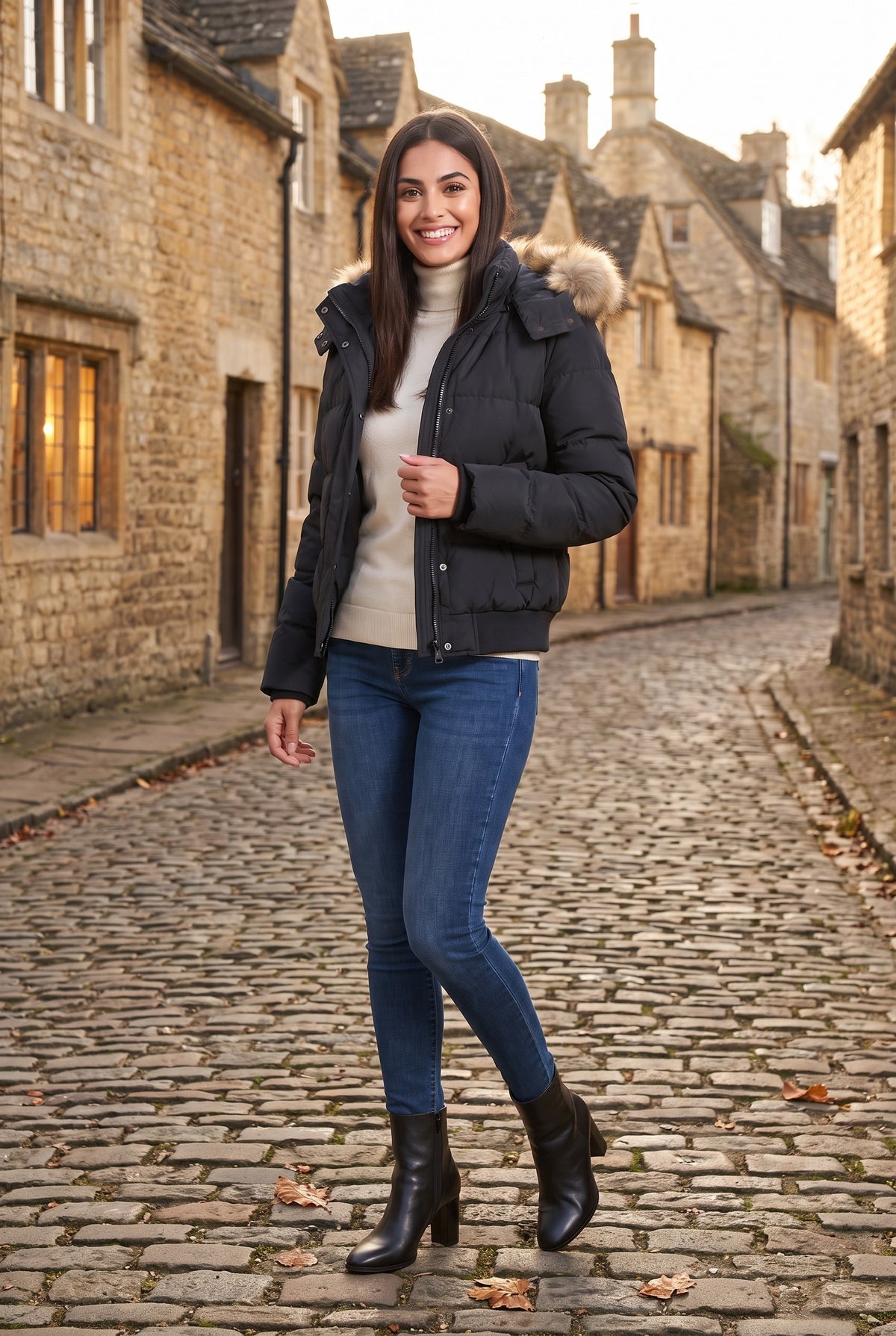 SAOIRSE Faux Fur Trim Hooded Bomber Puffer Jacket, lifestyle