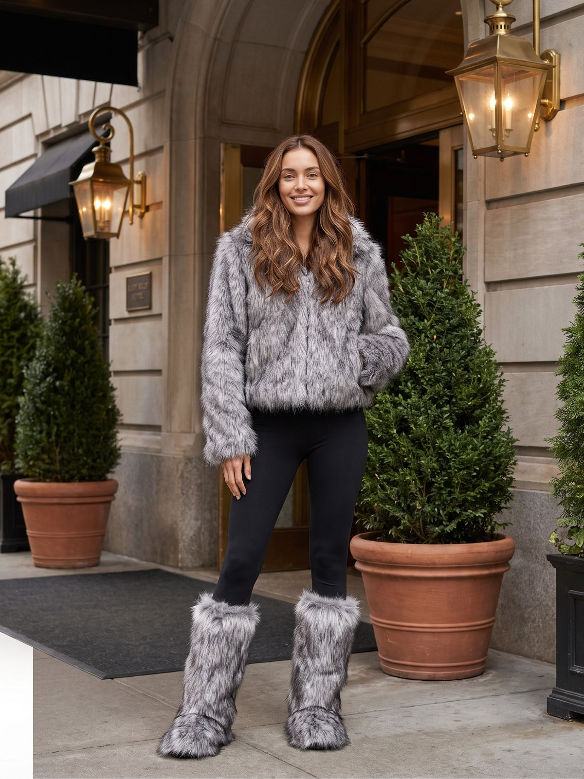 SIERRA Fluffy Faux Fur Boots, worn full length