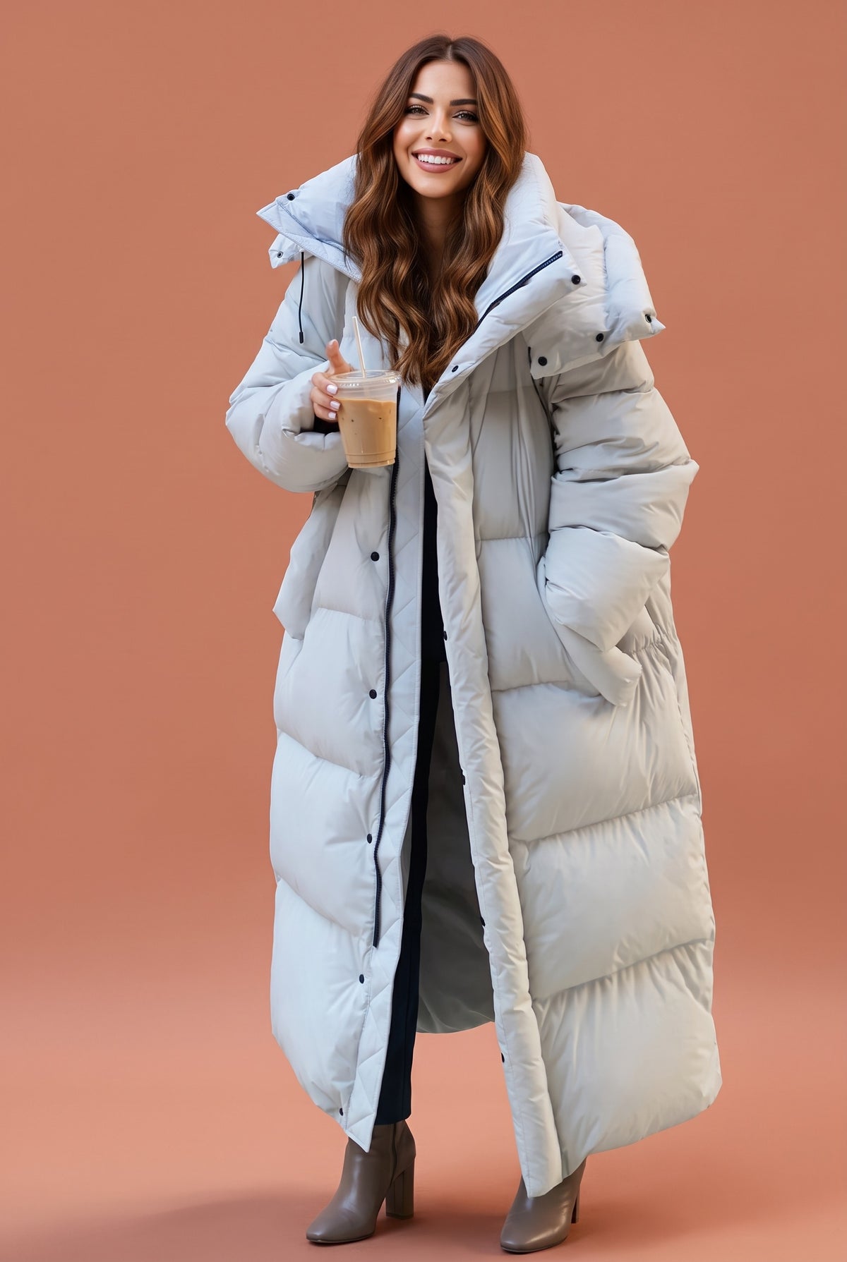 SIF Oversized Hooded Maxi Puffer Coat in light grey, front