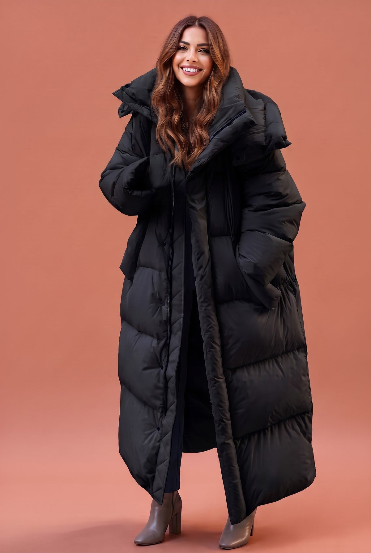 SIF Oversized Hooded Maxi Puffer Coat in black, front