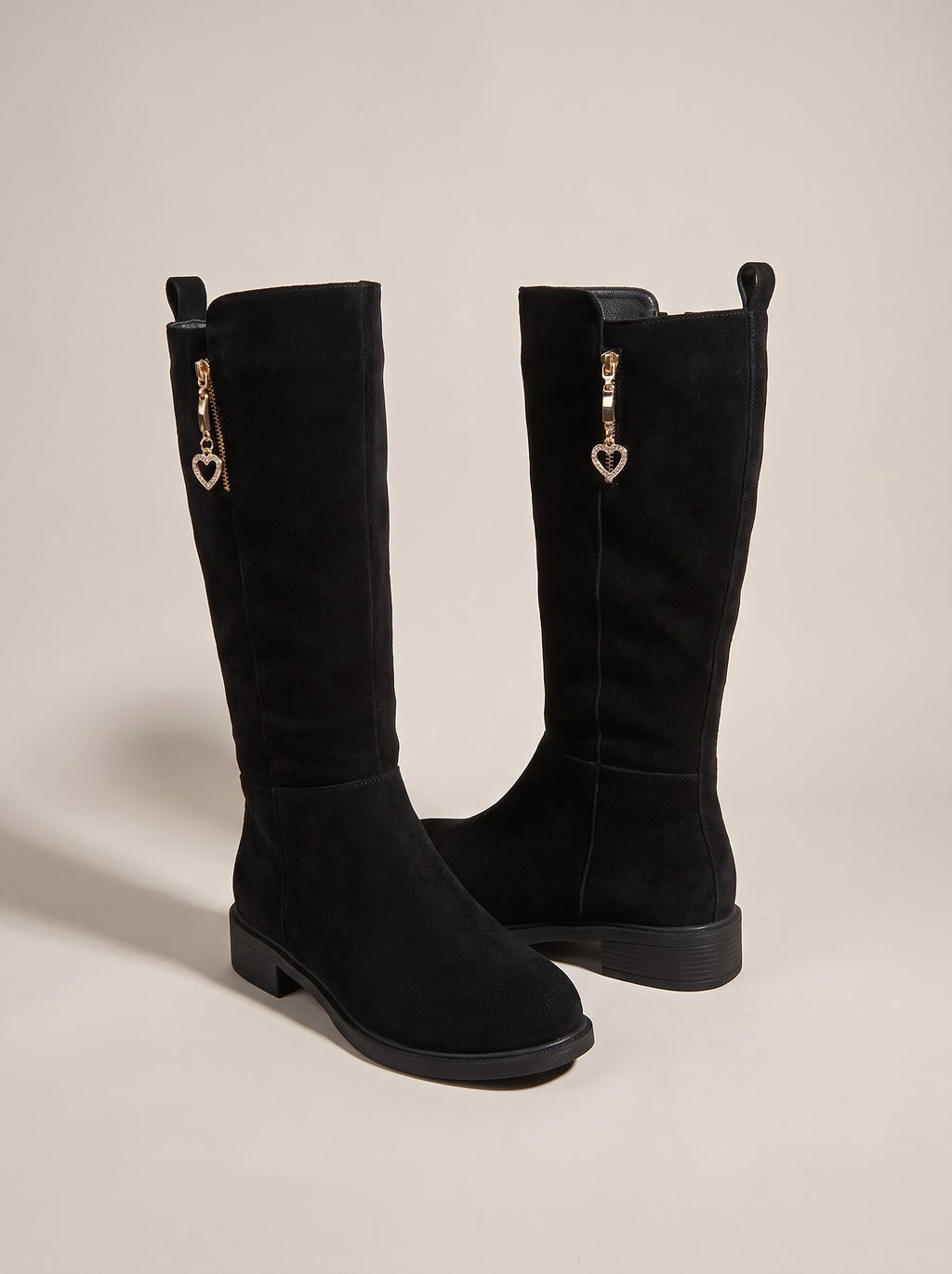 SKYLA Flat Faux Suede Knee High Boots in black, front