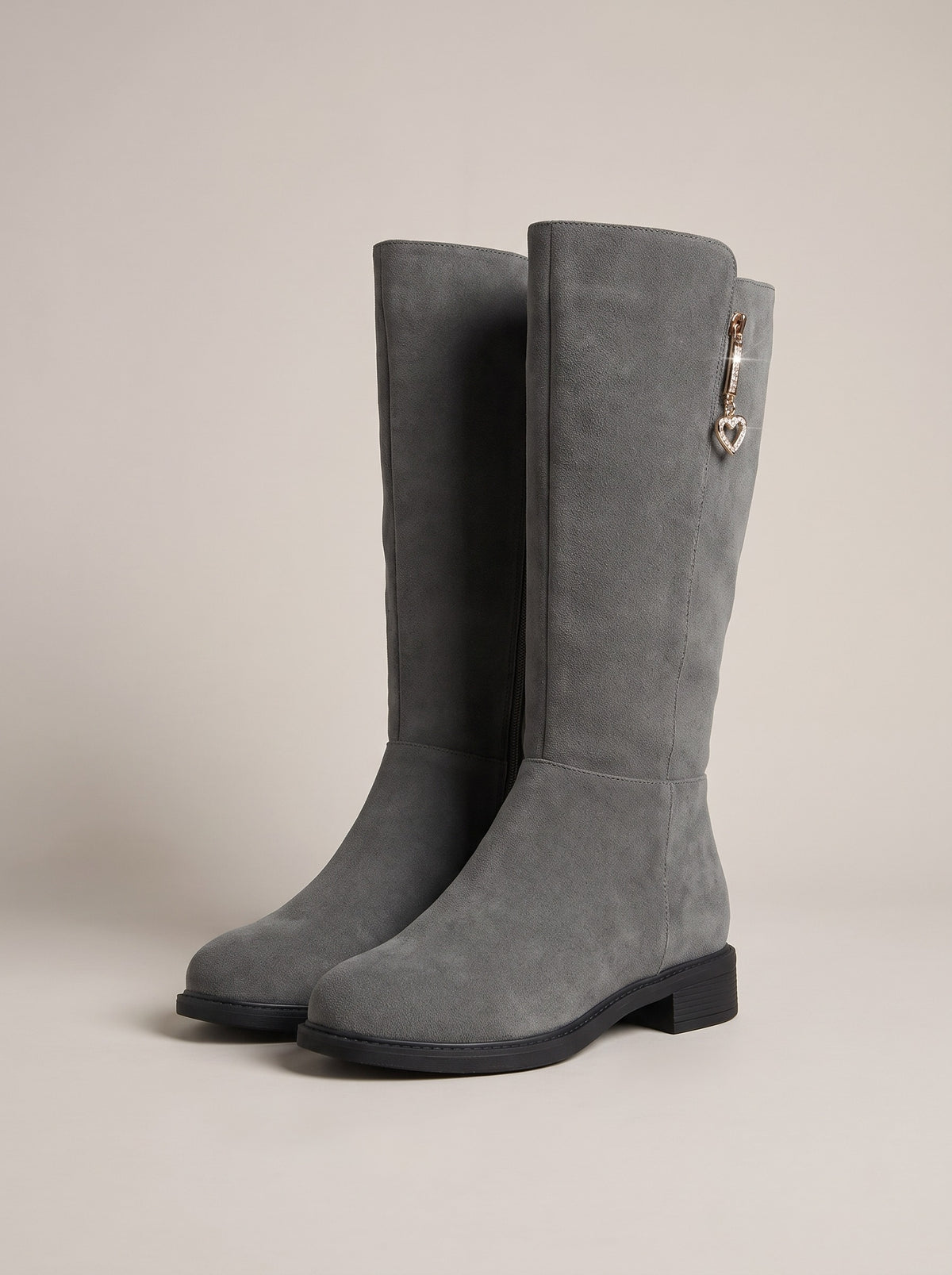 SKYLA Flat Faux Suede Knee High Boots in grey, front