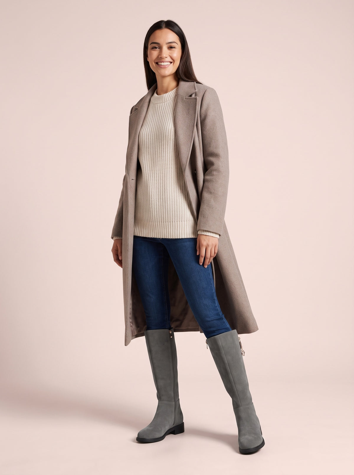 SKYLA Flat Faux Suede Knee High Boots, worn full length