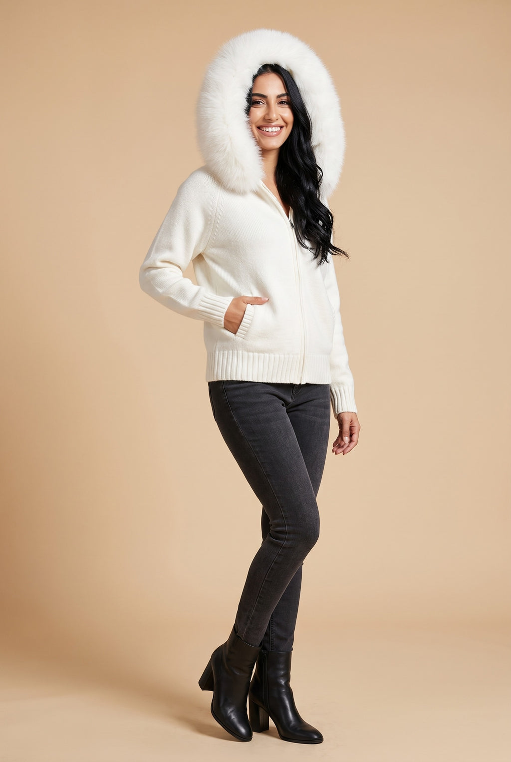 SKYLER Faux Fur Hooded Knitted Cardigan in beige, front