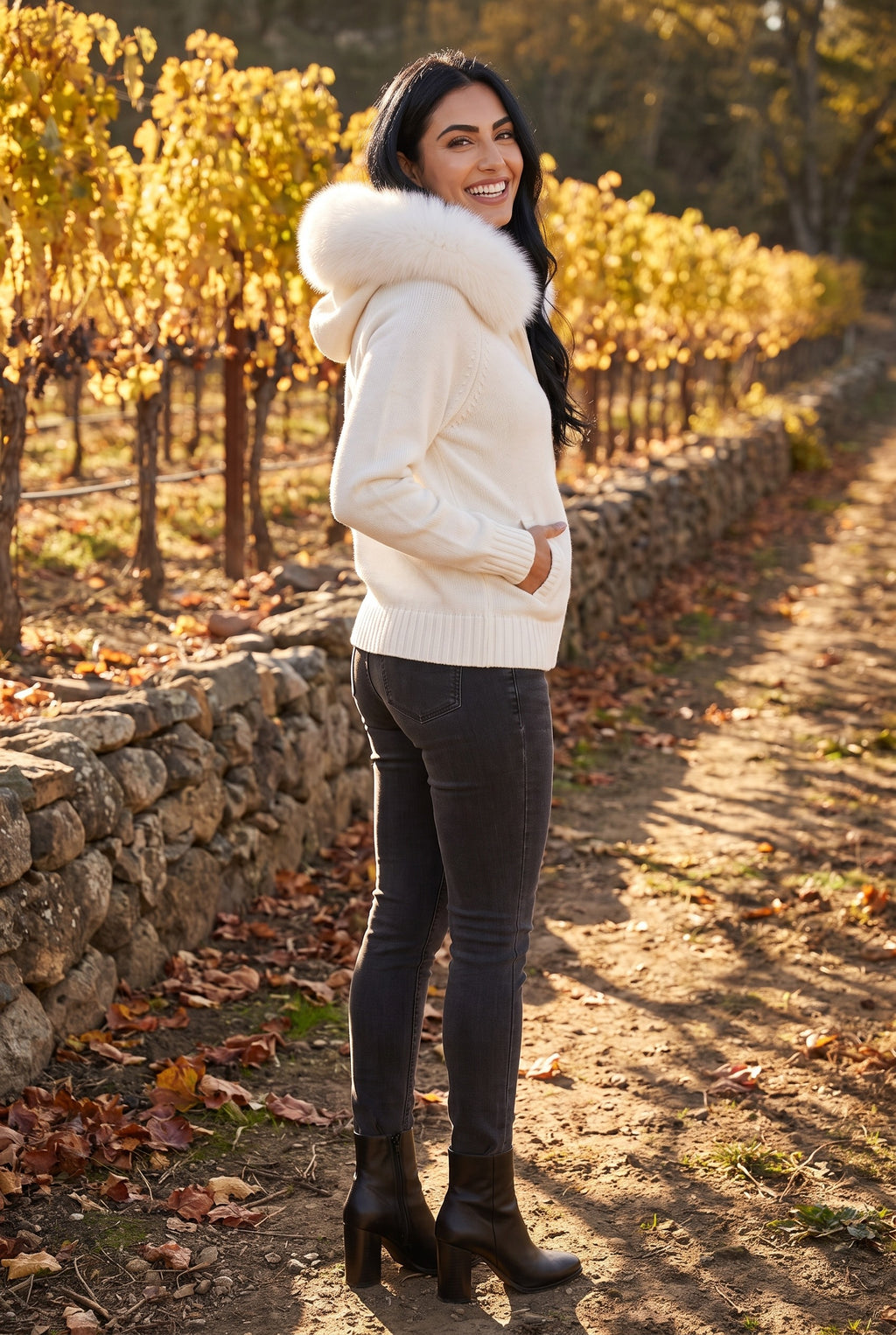 SKYLER Faux Fur Hooded Knitted Cardigan, lifestyle