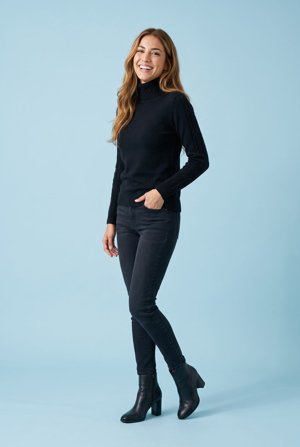 SOFIA Cable Knit Sleeve Roll Neck Jumper in black