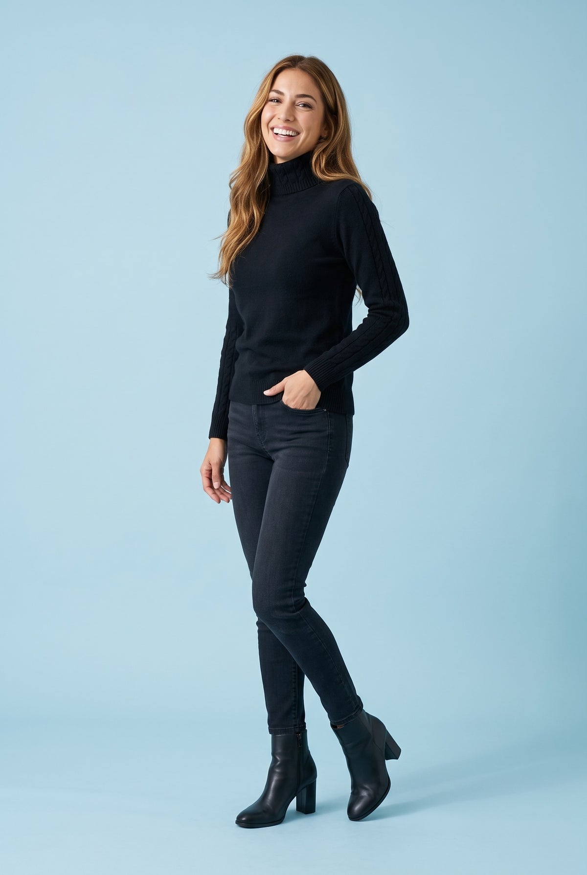 SOFIA Cable Knit Sleeve Roll Neck Jumper in black