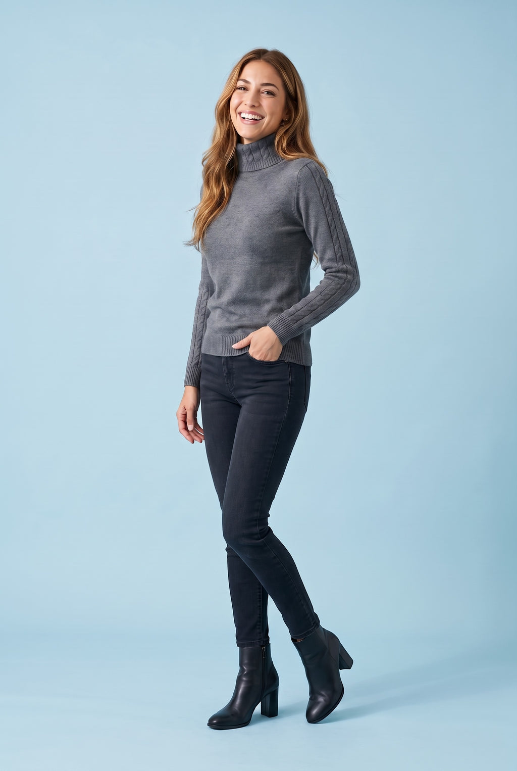 SOFIA Cable Knit Sleeve Roll Neck Jumper in grey
