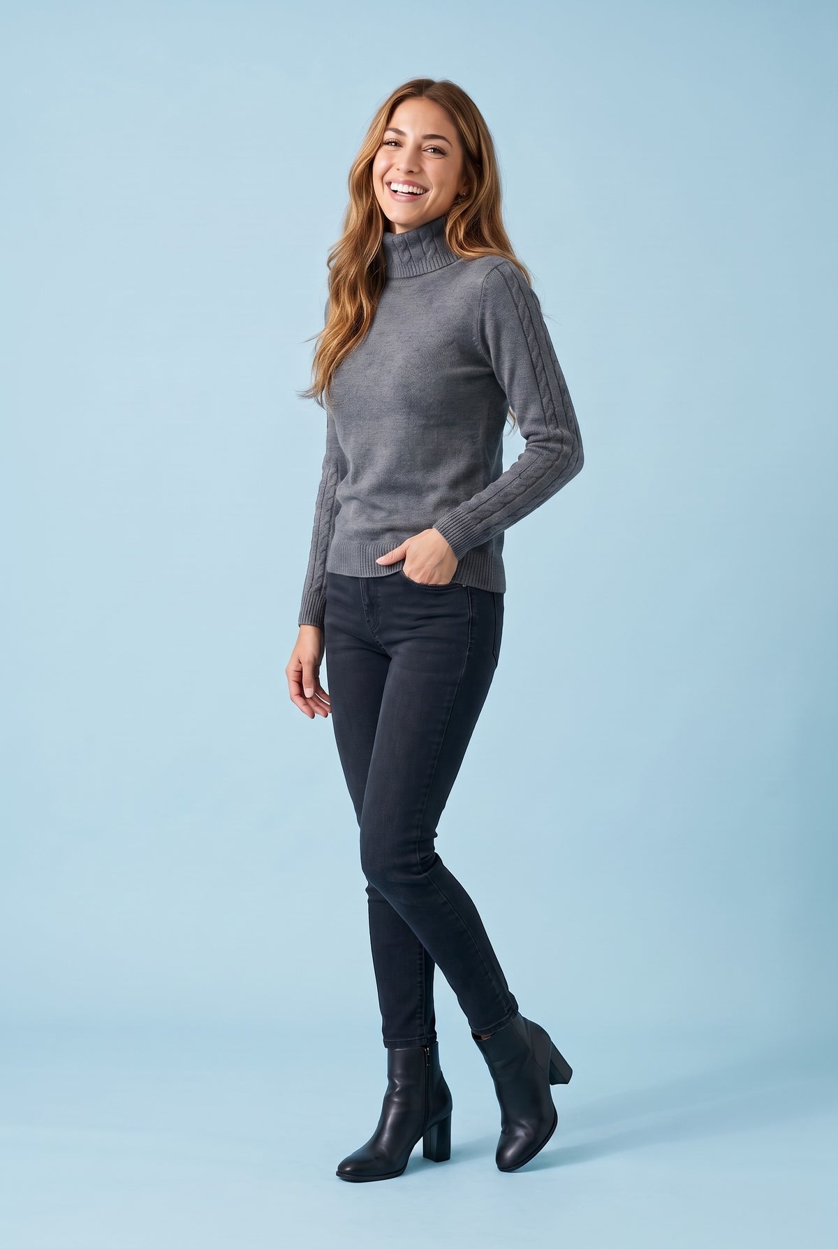 SOFIA Cable Knit Sleeve Roll Neck Jumper in grey