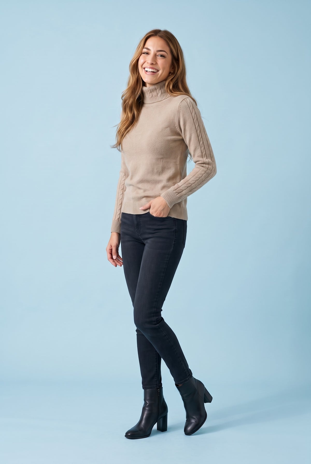 SOFIA Cable Knit Sleeve Roll Neck Jumper in beige