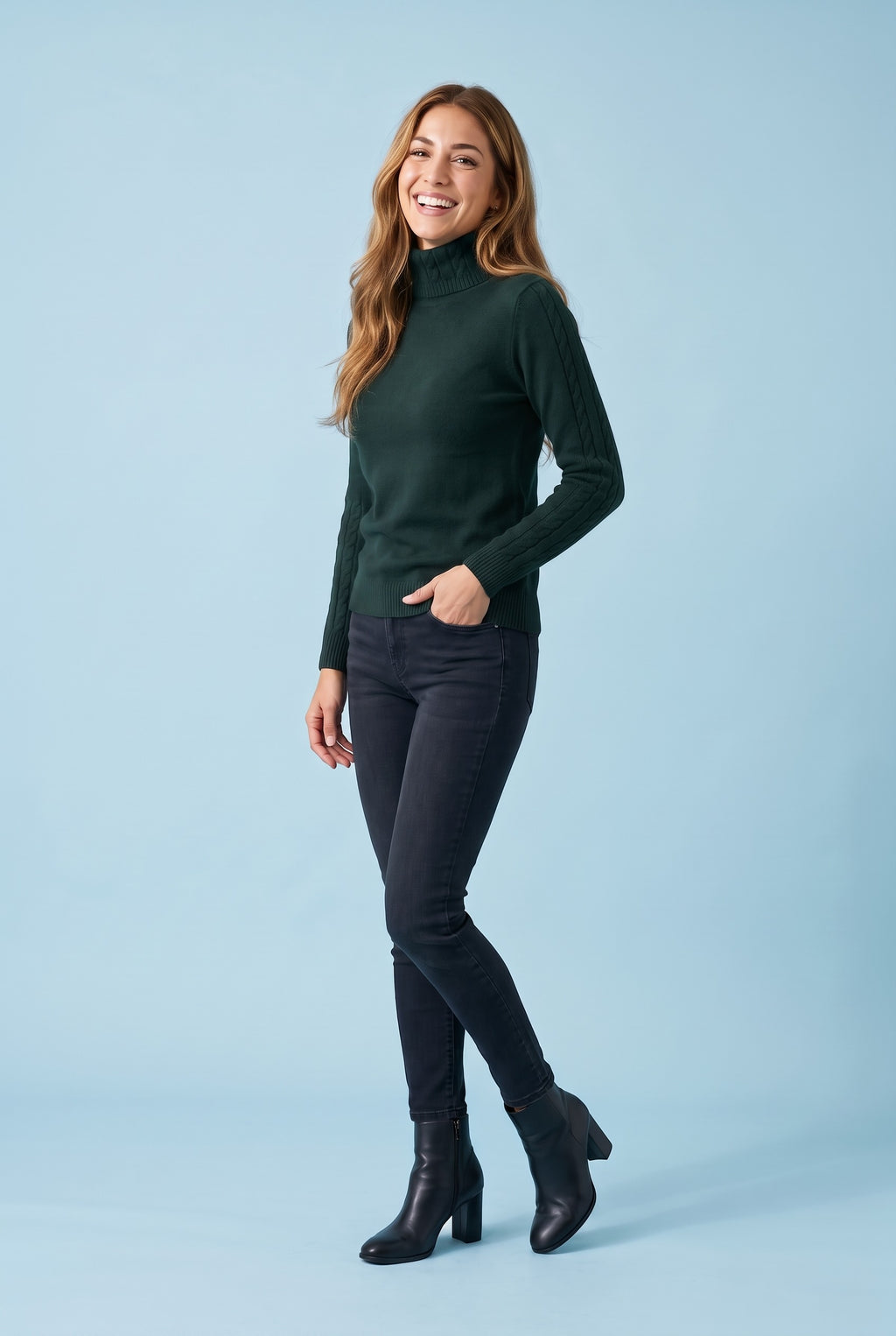 SOFIA Cable Knit Sleeve Roll Neck Jumper in dark green