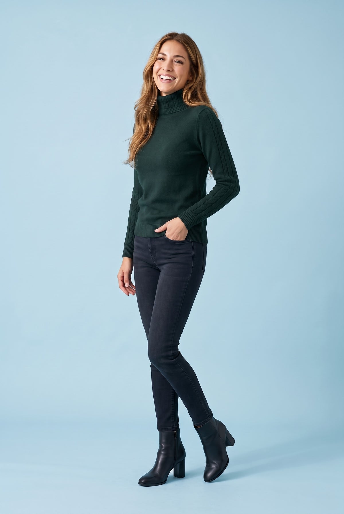 SOFIA Cable Knit Sleeve Roll Neck Jumper in dark green