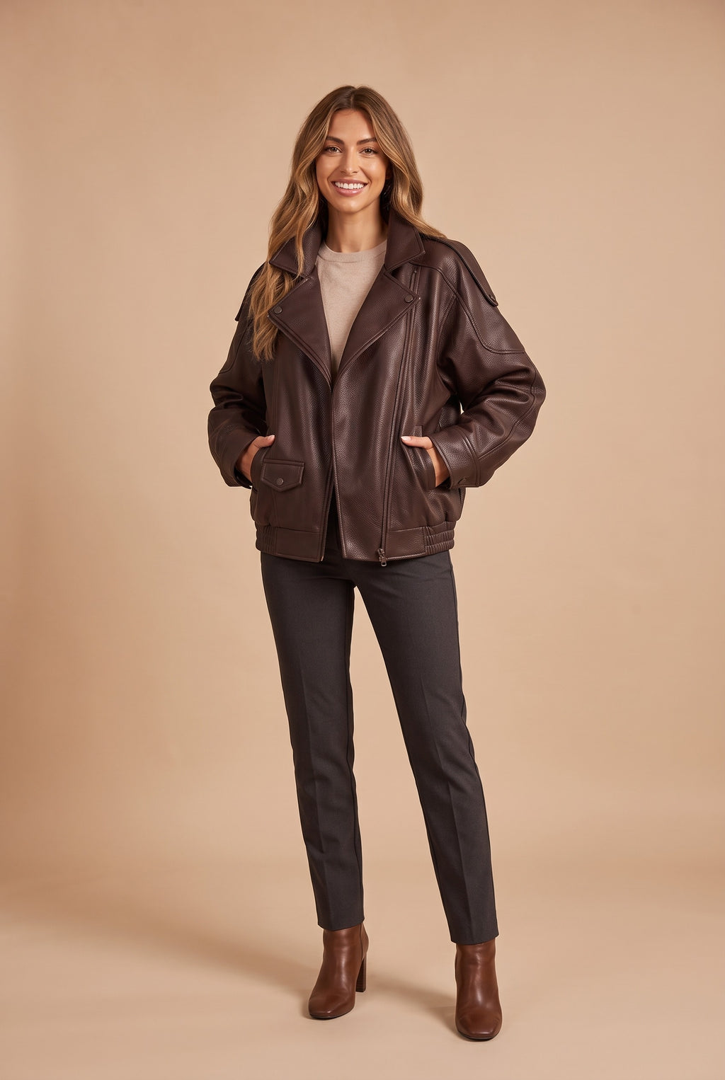 TABITHA Faux Leather Oversized Bomber Jacket in brown, front