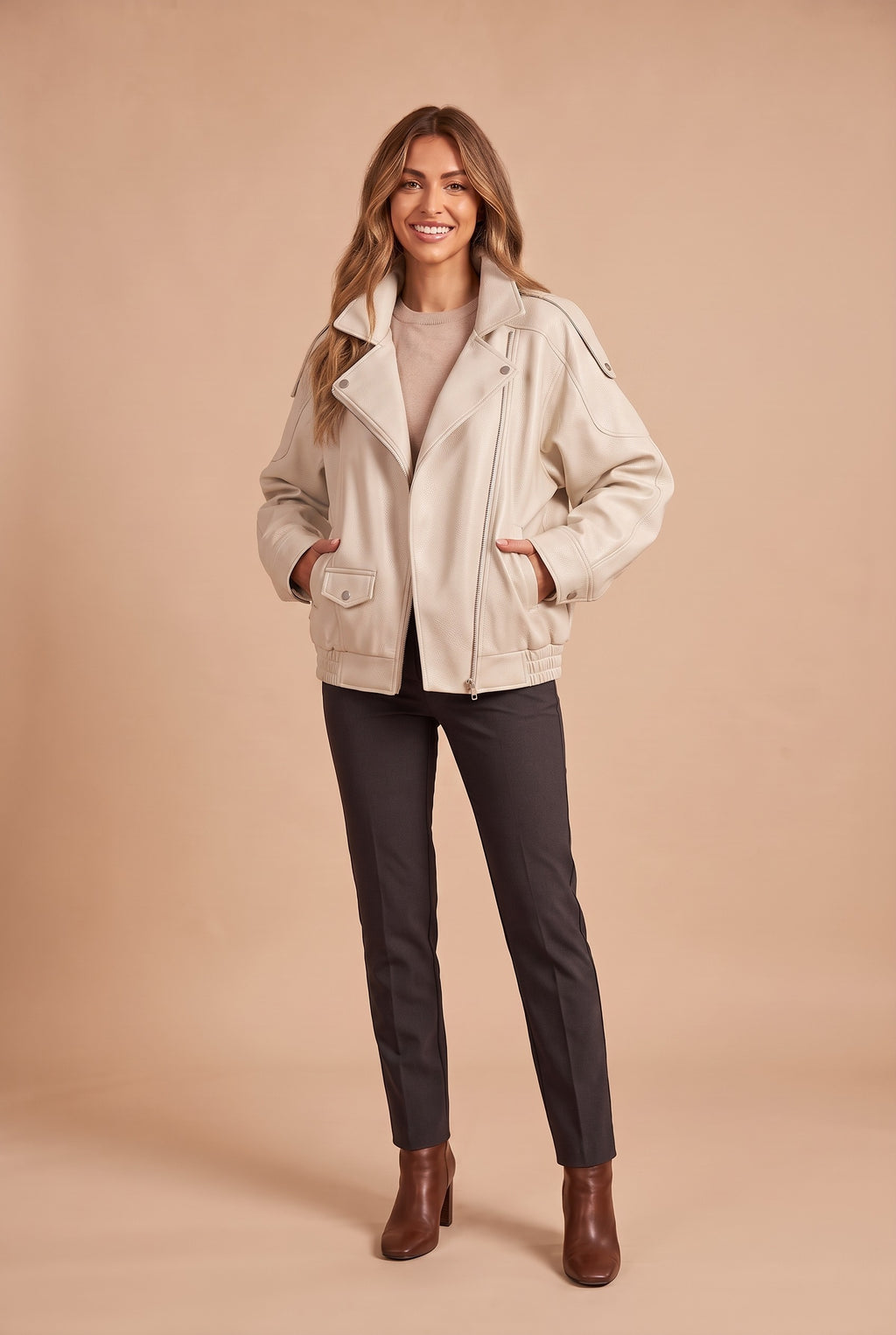 TABITHA Faux Leather Oversized Bomber Jacket in white, front