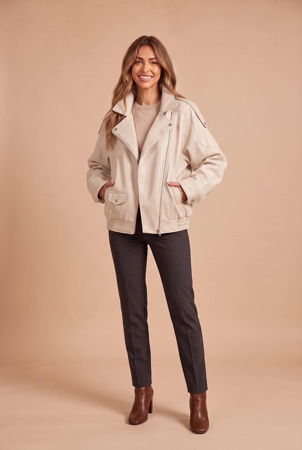 TABITHA Faux Leather Oversized Bomber Jacket in white, front
