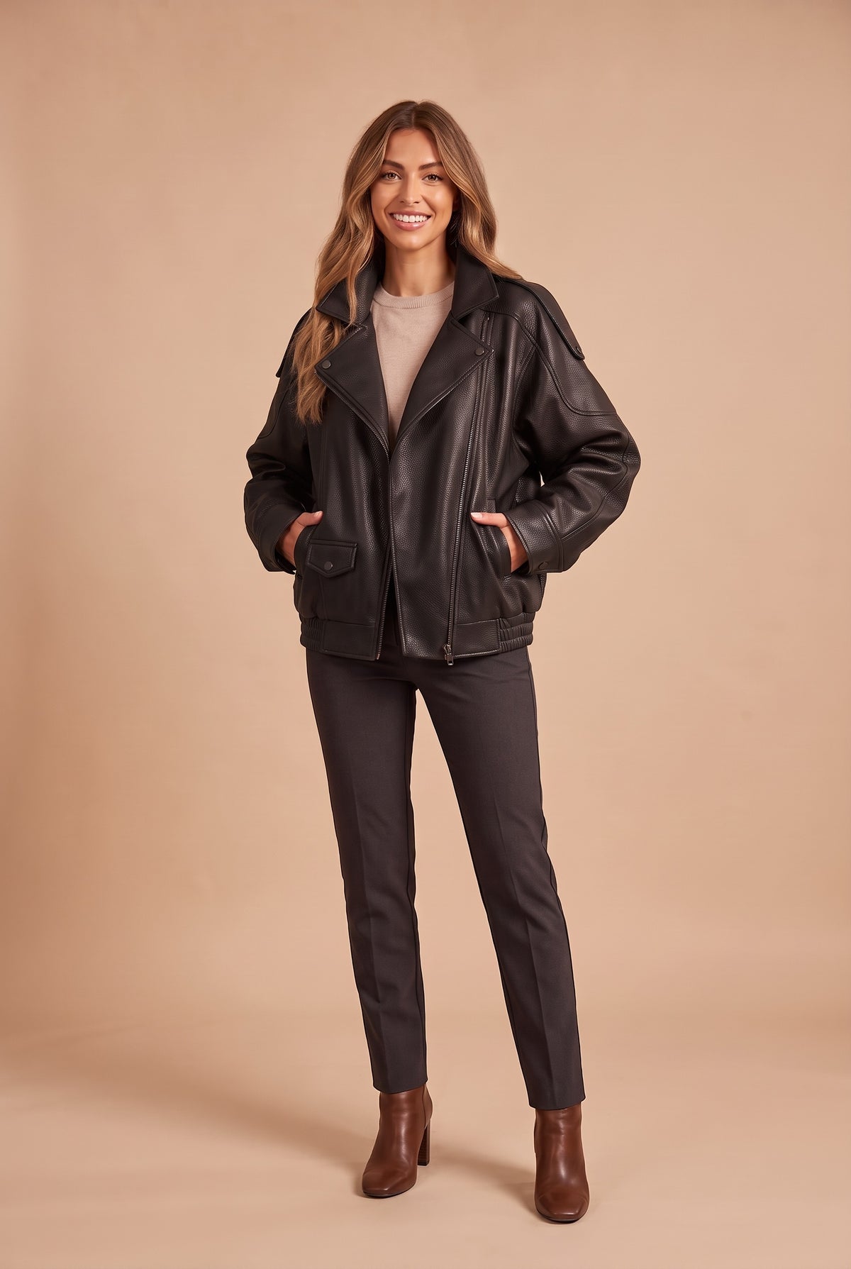 TABITHA Faux Leather Oversized Bomber Jacket in black, front
