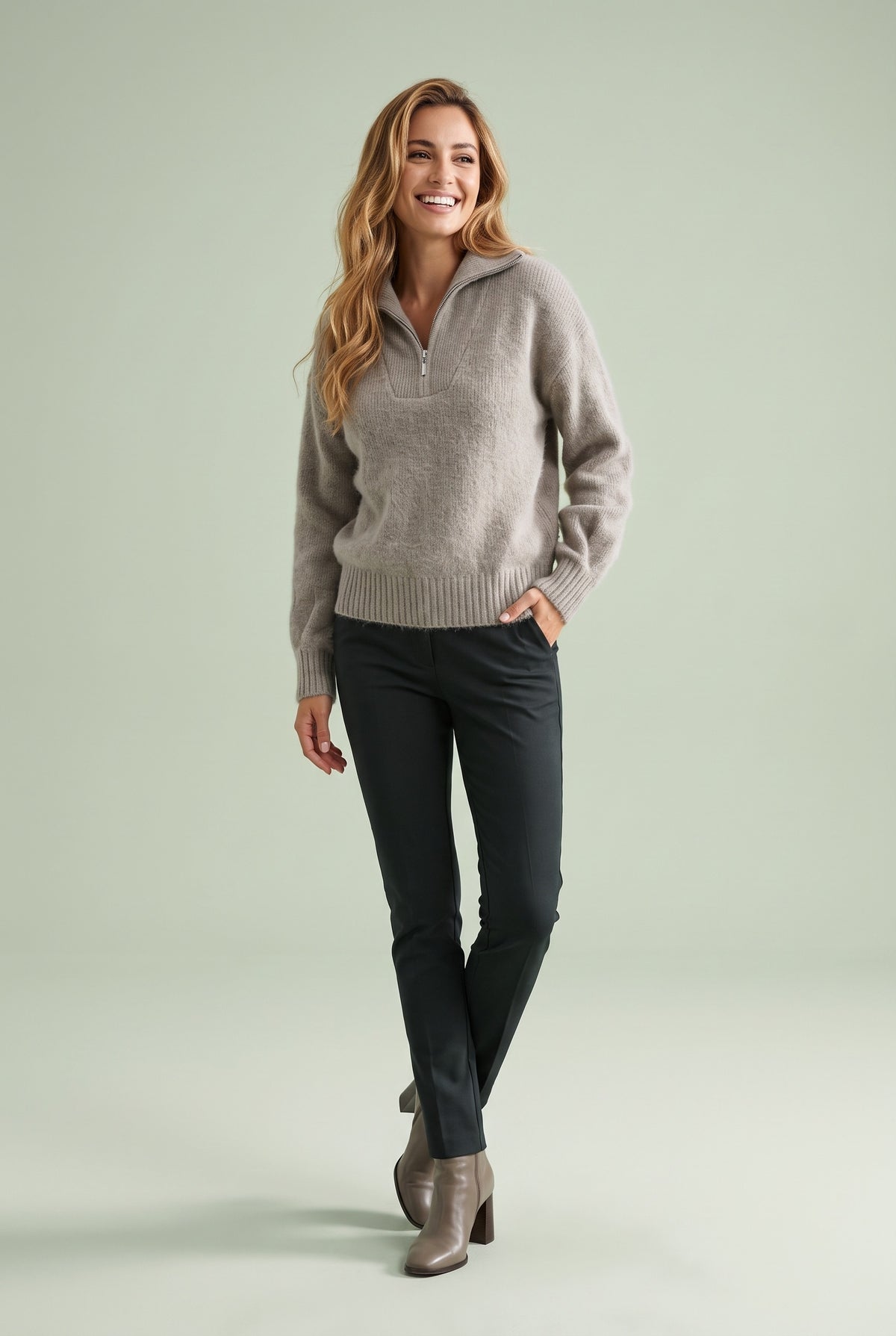 TATIANA Zip Up Cropped Knitted Cardigan in grey, front