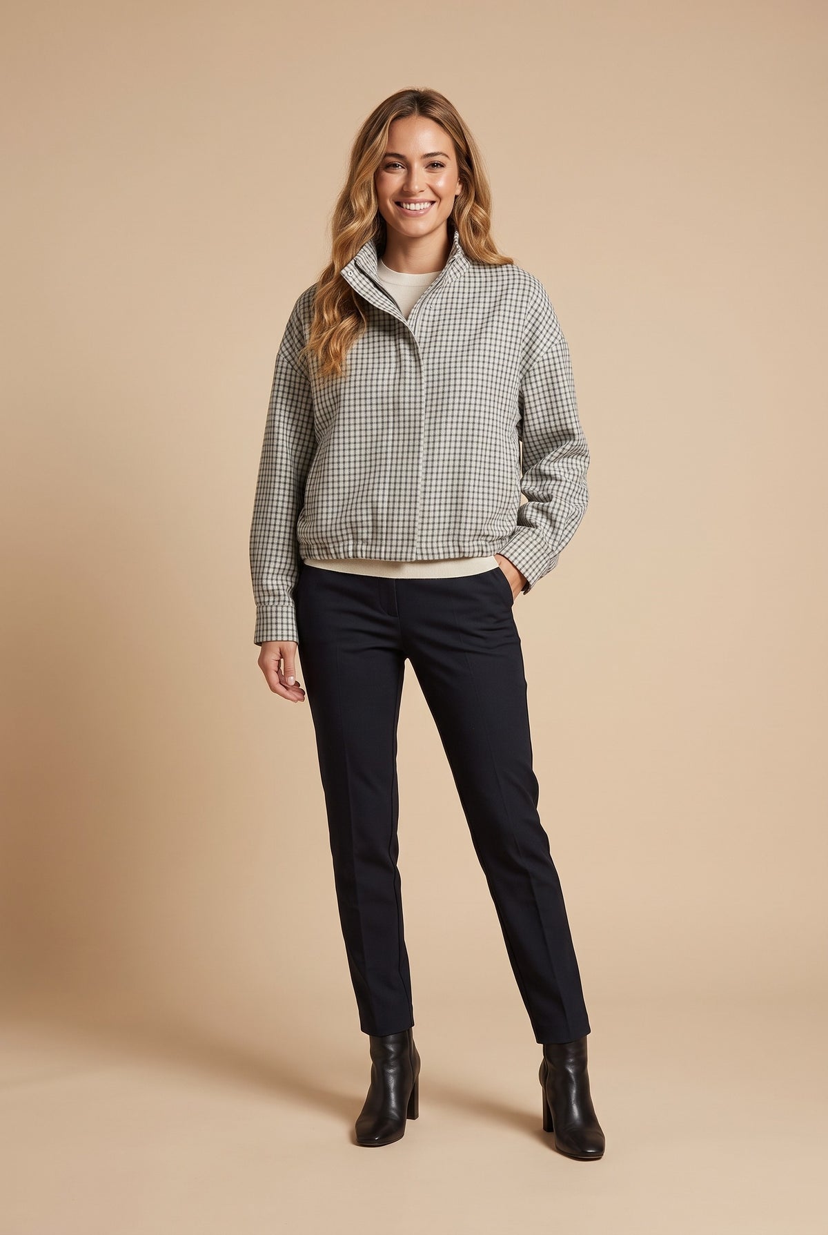 TATUM Houndstooth Cropped Zip Jacket in grey check, front
