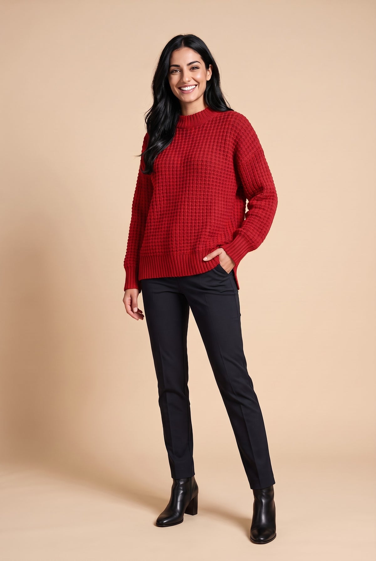 VALERIE Chunky Knit Side Split Jumper in red