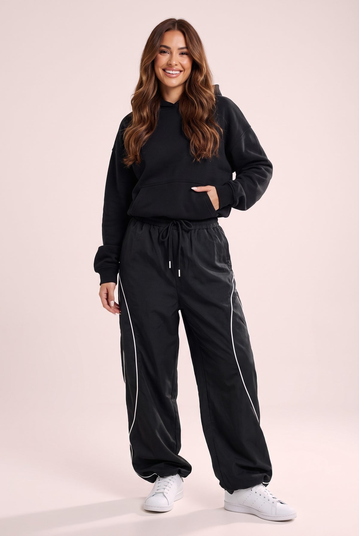 VIENNA Side Stripe Wide Leg Trousers in black, front