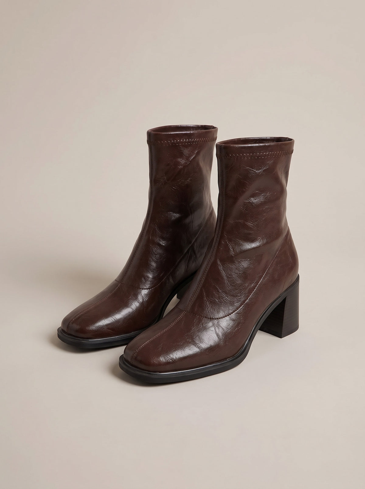 WHITNEY Square Toe Block Heel Ankle Boots in brown, front