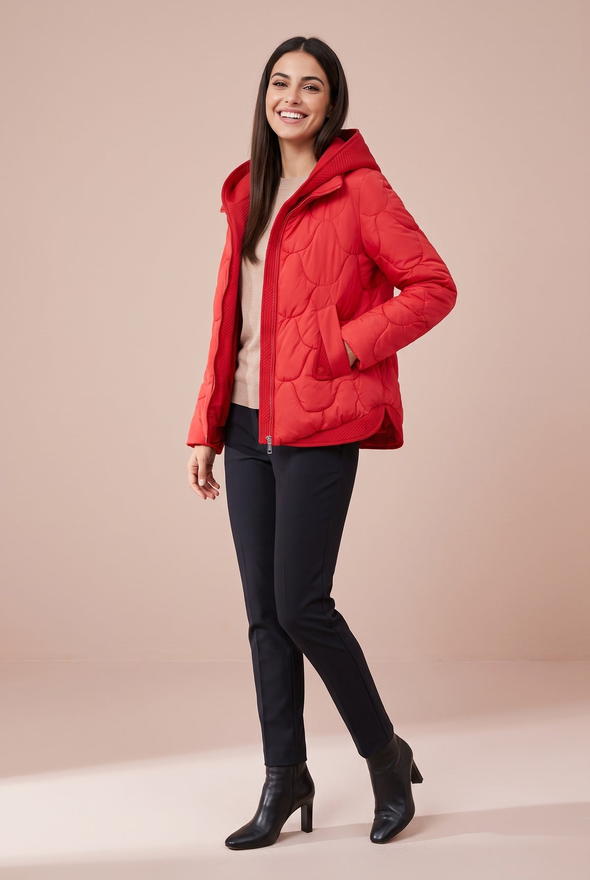WILLOW Quilted Hooded Cropped Puffer Jacket in red, front