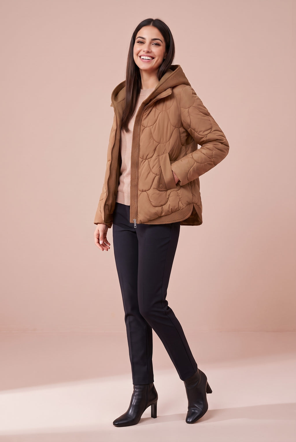 WILLOW Quilted Hooded Cropped Puffer Jacket in khaki, front