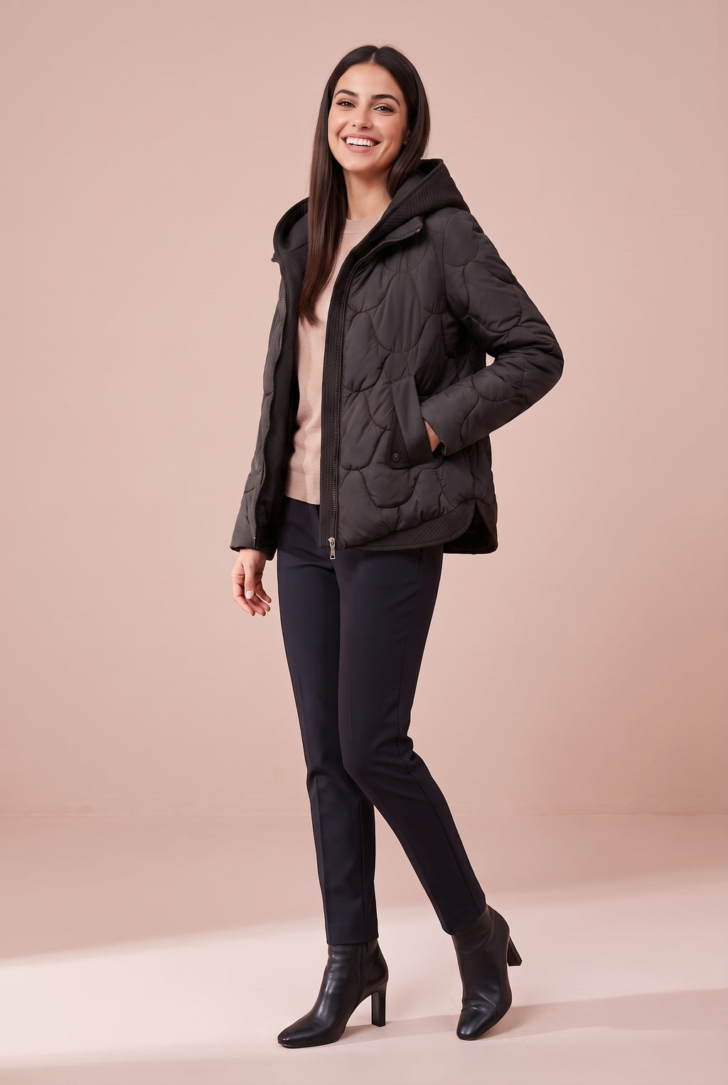 WILLOW Quilted Hooded Cropped Puffer Jacket in black, front