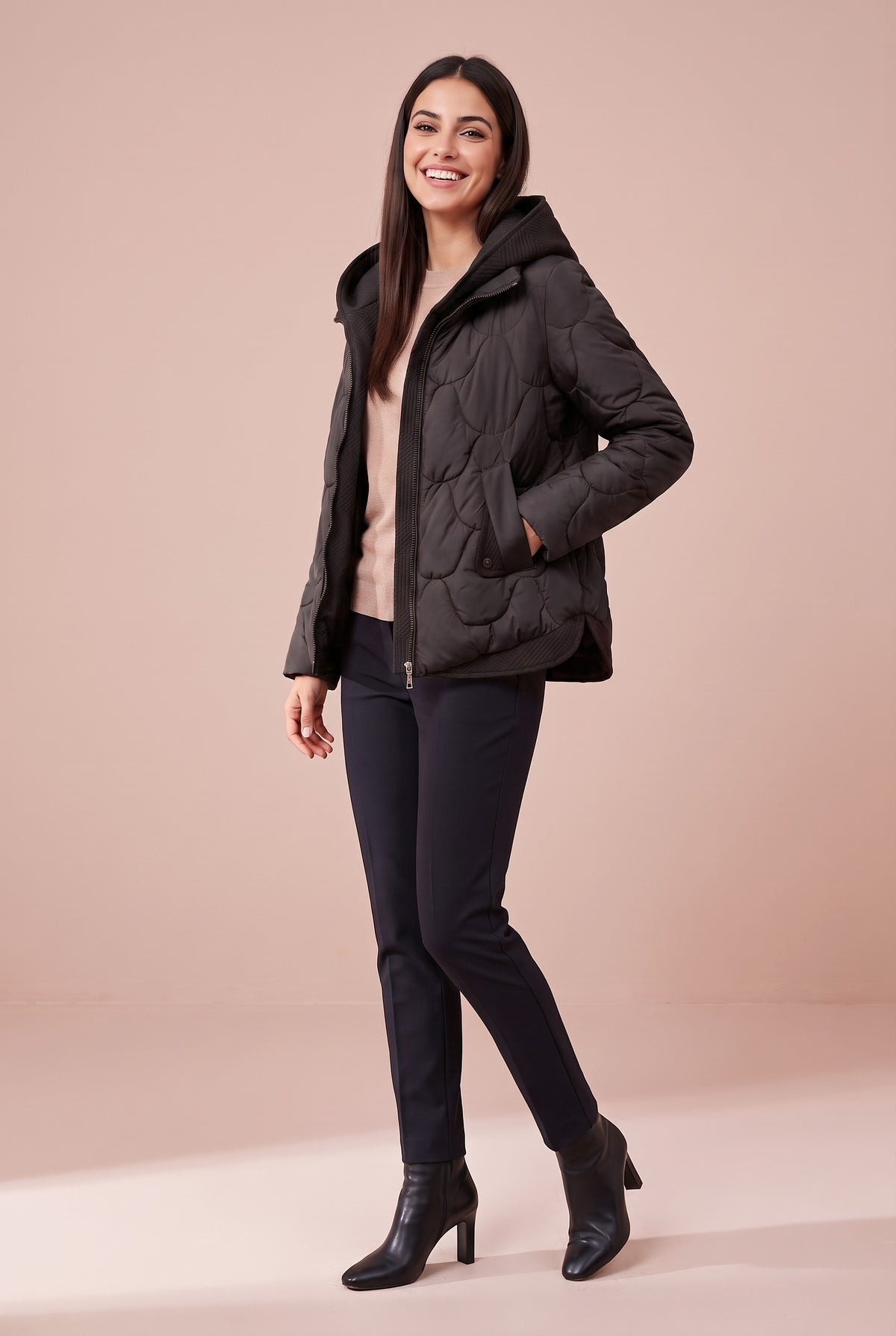 WILLOW Quilted Hooded Cropped Puffer Jacket in black, front