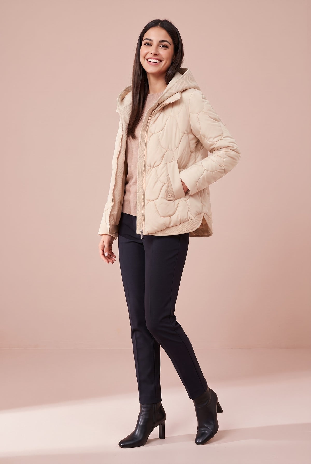 WILLOW Quilted Hooded Cropped Puffer Jacket in beige, front